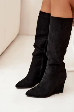 Outlet Boto Ocieplane Kozaki Damskie Na Koturnie Czarne Rosina Czarny