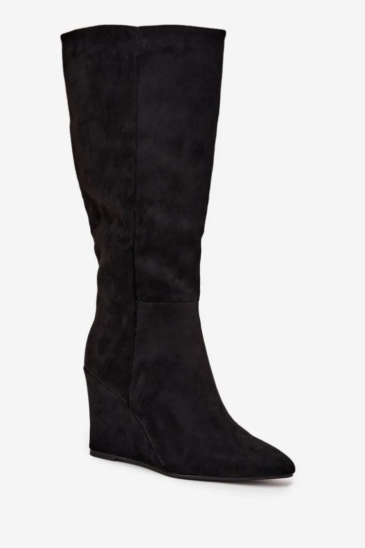 Outlet Boto Ocieplane Kozaki Damskie Na Koturnie Czarne Rosina Czarny