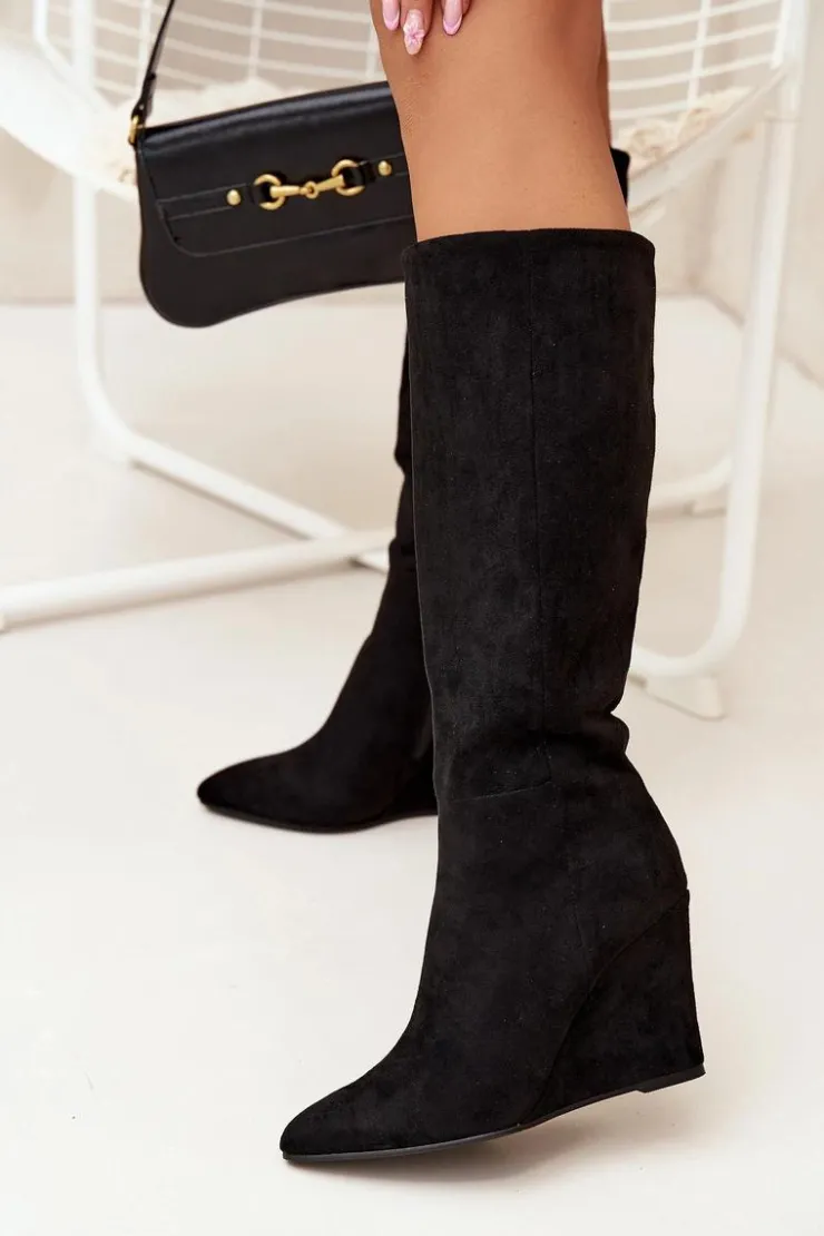 Outlet Boto Ocieplane Kozaki Damskie Na Koturnie Czarne Rosina Czarny