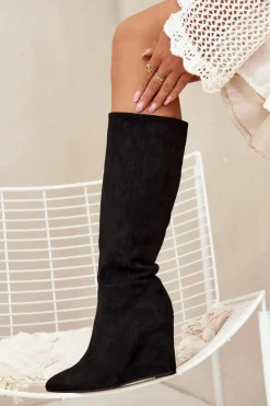 Outlet Boto Ocieplane Kozaki Damskie Na Koturnie Czarne Rosina Czarny