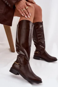 Damskie Boto Ocieplane Kozaki Damskie Na Płaskim Obcasie Z Ozdobnym Detalem Czekoladowe Renaya