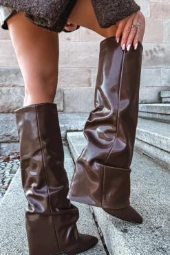 Damskie Boto Ocieplane Kozaki Damskie Z Wywiniętą Cholewką Na Słupku Czekoladowe Elivira