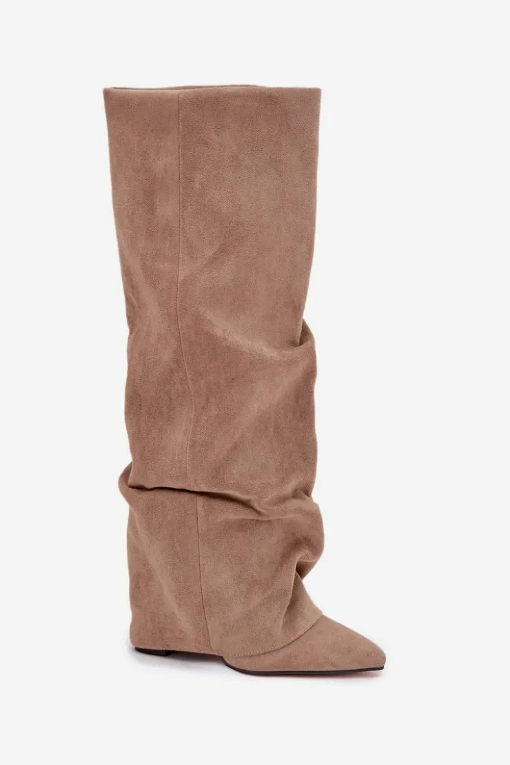 Boto Kozaki Ocieplane|Kozaki Na Słupku*Ocieplane Kozaki Damskie Z Wywiniętą Cholewką Na Słupku Eko Zamszowe Beżowe Elivira Beżowy