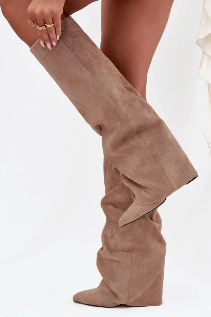 Boto Kozaki Ocieplane|Kozaki Na Słupku*Ocieplane Kozaki Damskie Z Wywiniętą Cholewką Na Słupku Eko Zamszowe Beżowe Elivira Beżowy