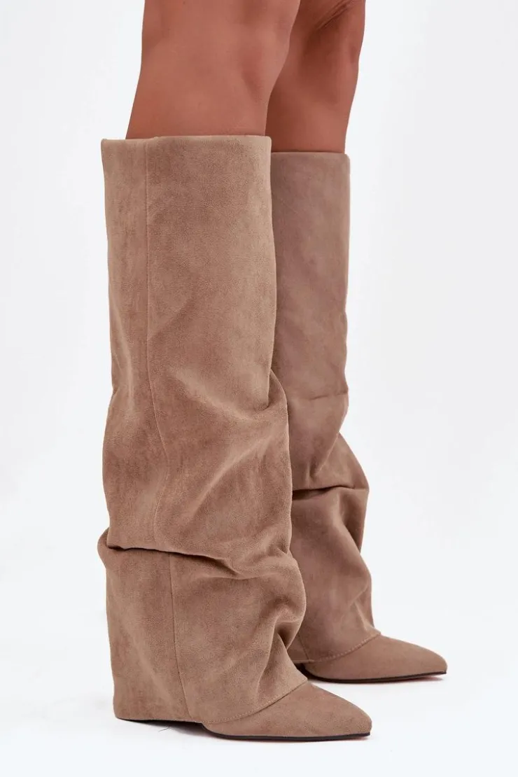 Boto Kozaki Ocieplane|Kozaki Na Słupku*Ocieplane Kozaki Damskie Z Wywiniętą Cholewką Na Słupku Eko Zamszowe Beżowe Elivira Beżowy