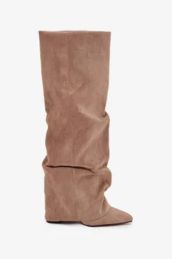 Boto Kozaki Ocieplane|Kozaki Na Słupku*Ocieplane Kozaki Damskie Z Wywiniętą Cholewką Na Słupku Eko Zamszowe Beżowe Elivira Beżowy