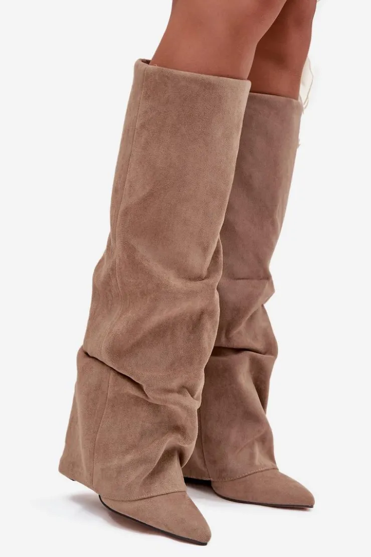 Boto Kozaki Ocieplane|Kozaki Na Słupku*Ocieplane Kozaki Damskie Z Wywiniętą Cholewką Na Słupku Eko Zamszowe Beżowe Elivira Beżowy