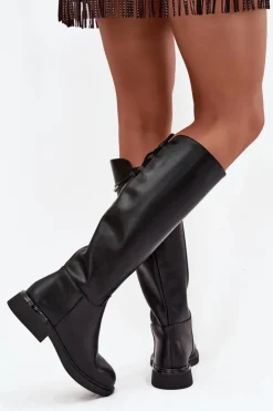 Buty damskie Vinceza Kozaki Ocieplane|Muszkieterki*Ocieplane Kozaki Damskie Z Naturalnej Skóry Na Płaskim Obcasie Vinceza 66822 Czarne