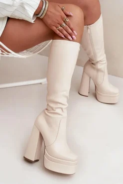 Damskie Boto Ocieplane Kozaki Damskie Na Słupku I Platformie Jasnobeżowe Lysara