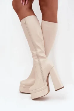 Damskie Boto Ocieplane Kozaki Damskie Na Słupku I Platformie Jasnobeżowe Lysara