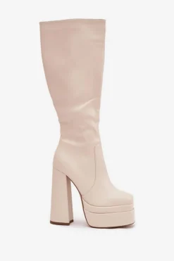 Damskie Boto Ocieplane Kozaki Damskie Na Słupku I Platformie Jasnobeżowe Lysara