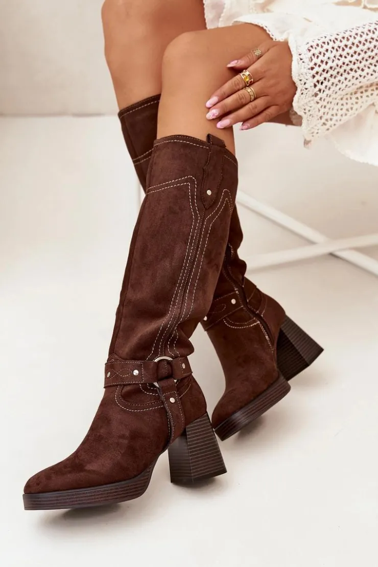 Damskie Boto Ocieplane Kozaki Damskie Na Słupku Z Przeszyciami Czekoladowe Alessara