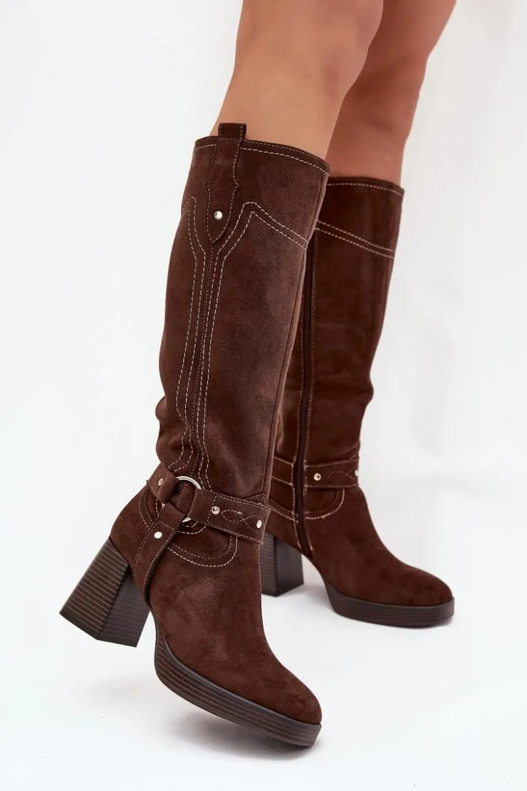 Damskie Boto Ocieplane Kozaki Damskie Na Słupku Z Przeszyciami Czekoladowe Alessara