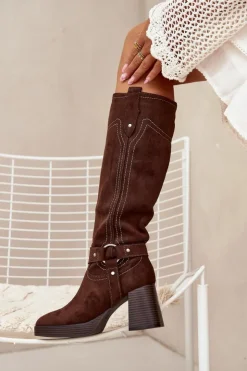 Damskie Boto Ocieplane Kozaki Damskie Na Słupku Z Przeszyciami Czekoladowe Alessara