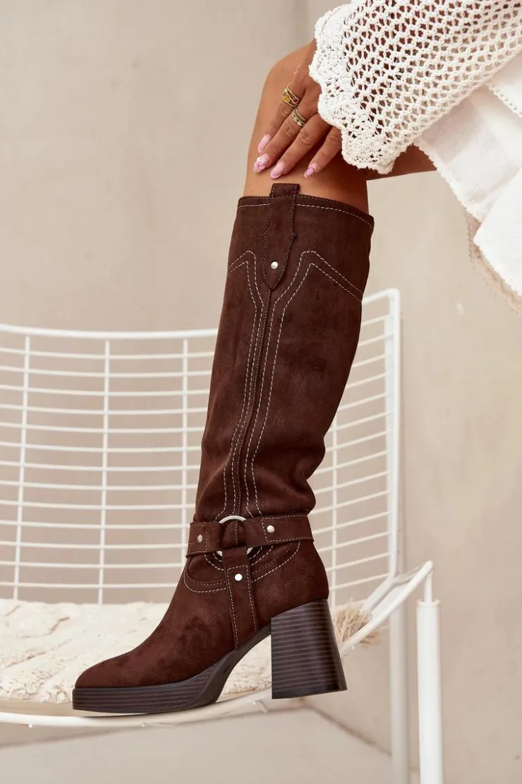 Damskie Boto Ocieplane Kozaki Damskie Na Słupku Z Przeszyciami Czekoladowe Alessara