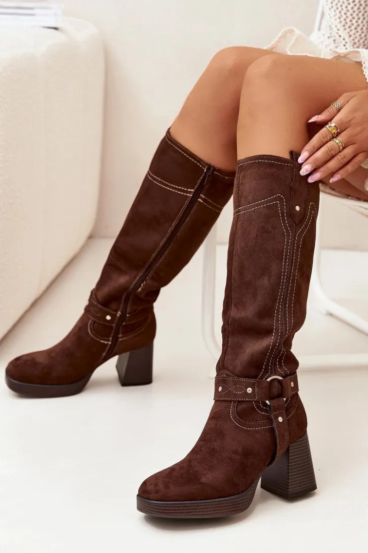 Damskie Boto Ocieplane Kozaki Damskie Na Słupku Z Przeszyciami Czekoladowe Alessara