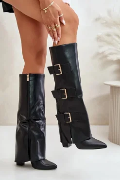 Damskie Boto Ocieplane Kozaki Damskie Na Słupku Z Wywiniętą Cholewką I Klamrami Czarne Piregonia