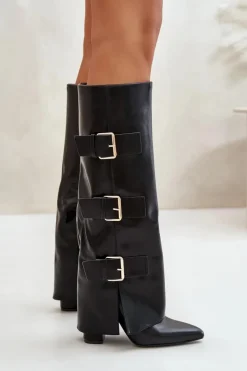 Damskie Boto Ocieplane Kozaki Damskie Na Słupku Z Wywiniętą Cholewką I Klamrami Czarne Piregonia