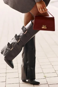 Damskie Boto Ocieplane Kozaki Damskie Na Słupku Z Wywiniętą Cholewką I Klamrami Czarne Piregonia