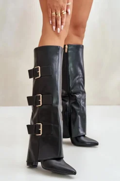 Damskie Boto Ocieplane Kozaki Damskie Na Słupku Z Wywiniętą Cholewką I Klamrami Czarne Piregonia