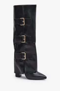 Damskie Boto Ocieplane Kozaki Damskie Na Słupku Z Wywiniętą Cholewką I Klamrami Czarne Piregonia