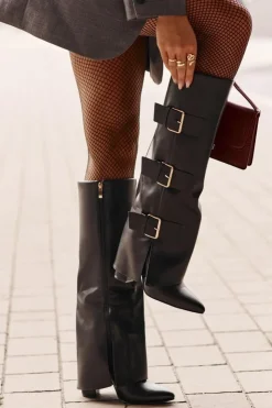 Damskie Boto Ocieplane Kozaki Damskie Na Słupku Z Wywiniętą Cholewką I Klamrami Czarne Piregonia