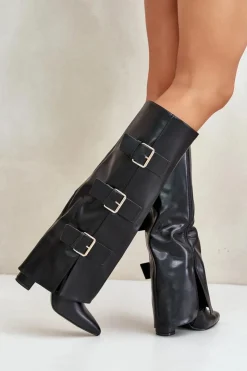 Damskie Boto Ocieplane Kozaki Damskie Na Słupku Z Wywiniętą Cholewką I Klamrami Czarne Piregonia