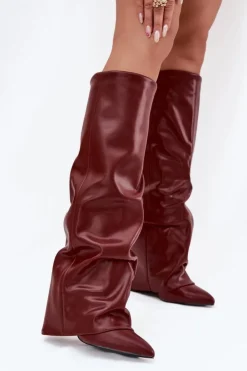 Boto Kozaki Ocieplane|Kozaki Na Słupku*Ocieplane Kozaki Damskie Z Wywiniętą Cholewką Na Słupku Bordowe Elivira Czerwony