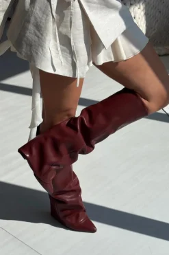 Boto Kozaki Ocieplane|Kozaki Na Słupku*Ocieplane Kozaki Damskie Z Wywiniętą Cholewką Na Słupku Bordowe Elivira Czerwony