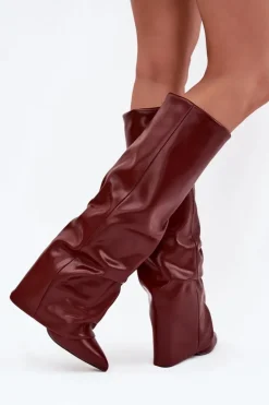 Boto Kozaki Ocieplane|Kozaki Na Słupku*Ocieplane Kozaki Damskie Z Wywiniętą Cholewką Na Słupku Bordowe Elivira Czerwony