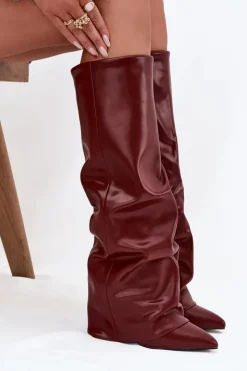 Boto Kozaki Ocieplane|Kozaki Na Słupku*Ocieplane Kozaki Damskie Z Wywiniętą Cholewką Na Słupku Bordowe Elivira Czerwony