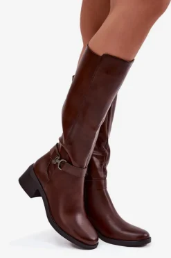 Buty Sergio Leone Kozaki Przed Kolano|Kozaki Na Obcasie*Ocieplane Kozaki Damskie Na Klocku Z Paskiem Sergio Leone KZ25826 Brązowe Brązowy