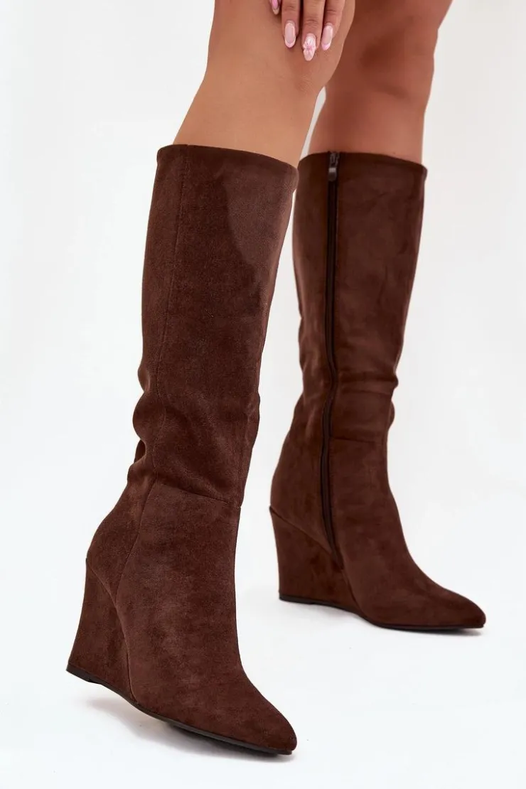 Damskie Boto Ocieplane Kozaki Damskie Na Koturnie Czekoladowe Rosina