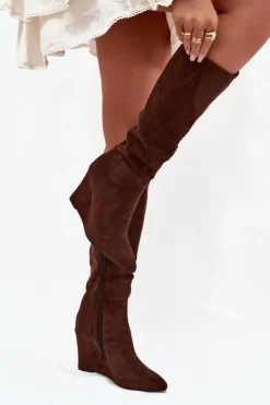 Damskie Boto Ocieplane Kozaki Damskie Na Koturnie Czekoladowe Rosina