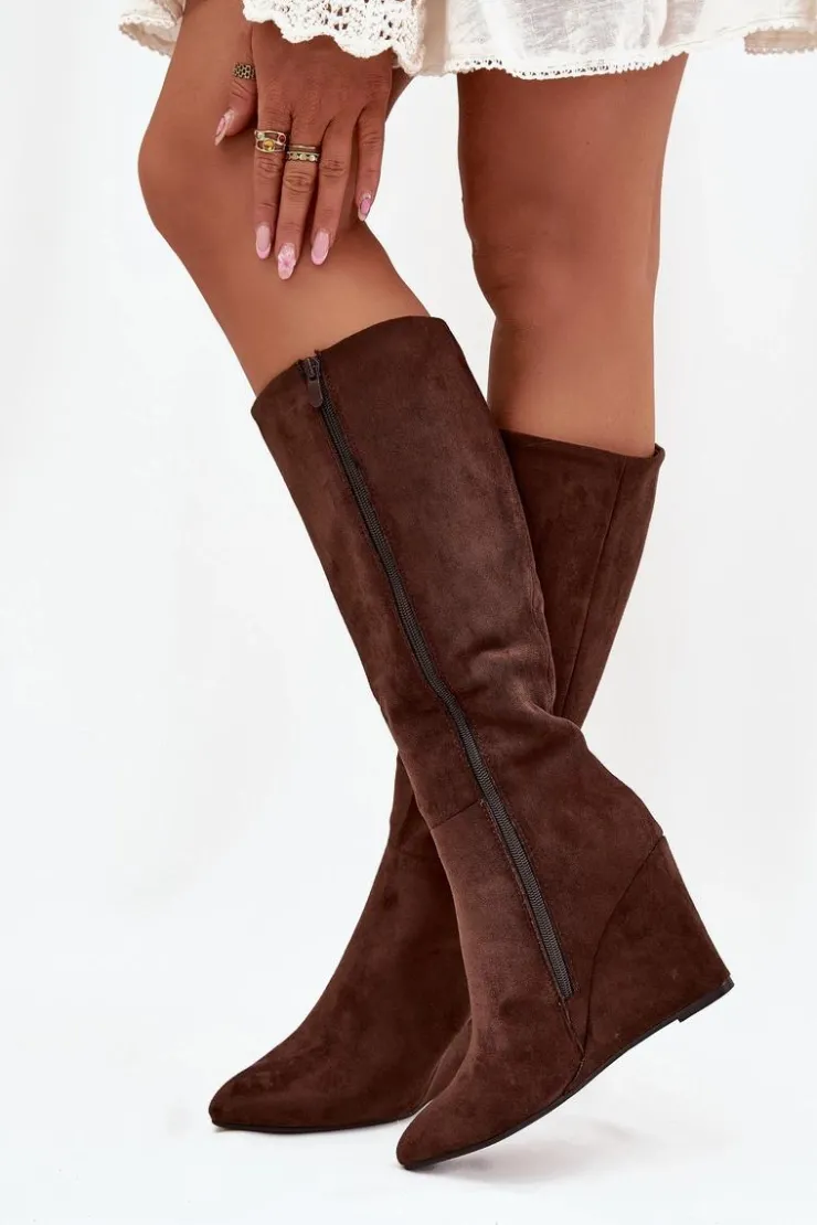 Damskie Boto Ocieplane Kozaki Damskie Na Koturnie Czekoladowe Rosina