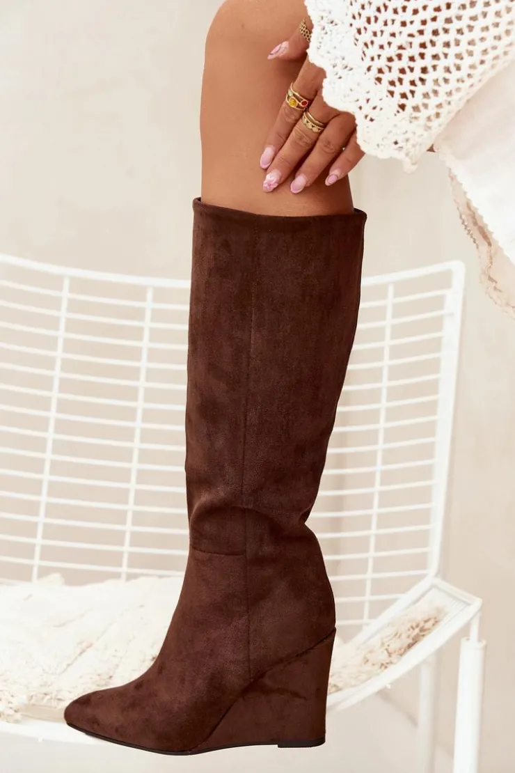 Damskie Boto Ocieplane Kozaki Damskie Na Koturnie Czekoladowe Rosina