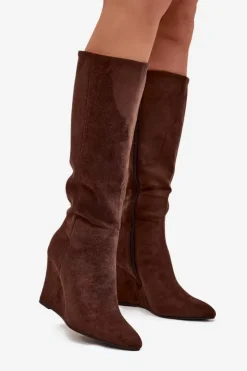 Damskie Boto Ocieplane Kozaki Damskie Na Koturnie Czekoladowe Rosina