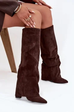Damskie Boto Ocieplane Kozaki Damskie Z Wywiniętą Cholewką Na Słupku Eko Zamszowe Czekoladowe Elivira