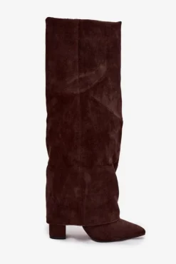 Damskie Boto Ocieplane Kozaki Damskie Z Wywiniętą Cholewką Na Słupku Eko Zamszowe Czekoladowe Elivira