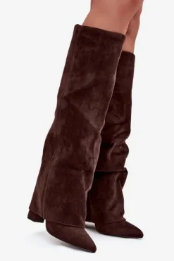 Damskie Boto Ocieplane Kozaki Damskie Z Wywiniętą Cholewką Na Słupku Eko Zamszowe Czekoladowe Elivira