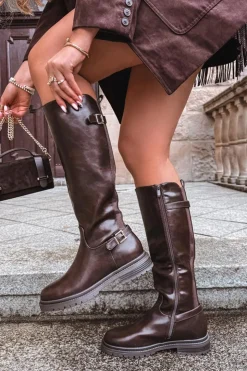 Damskie Boto Ocieplane Kozaki Damskie Na Płaskim Obcasie Z Klamrami Czekoladowe Sarelle