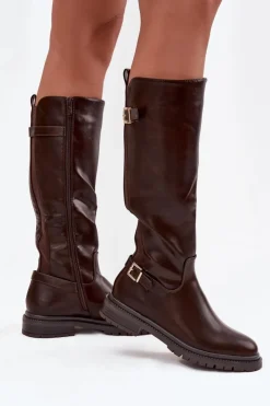 Damskie Boto Ocieplane Kozaki Damskie Na Płaskim Obcasie Z Klamrami Czekoladowe Sarelle