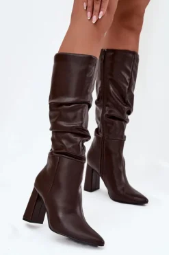 Boto Kozaki Na Słupku|Kozaki Przed Kolano*Ocieplane Kozaki Damskie Na Słupku Z Marszczeniem Czekoladowe Dariane Brązowy