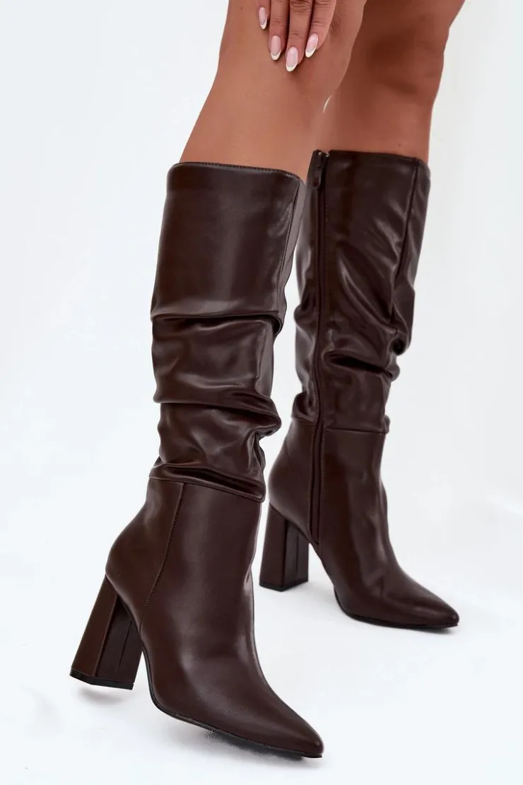 Boto Kozaki Na Słupku|Kozaki Przed Kolano*Ocieplane Kozaki Damskie Na Słupku Z Marszczeniem Czekoladowe Dariane Brązowy