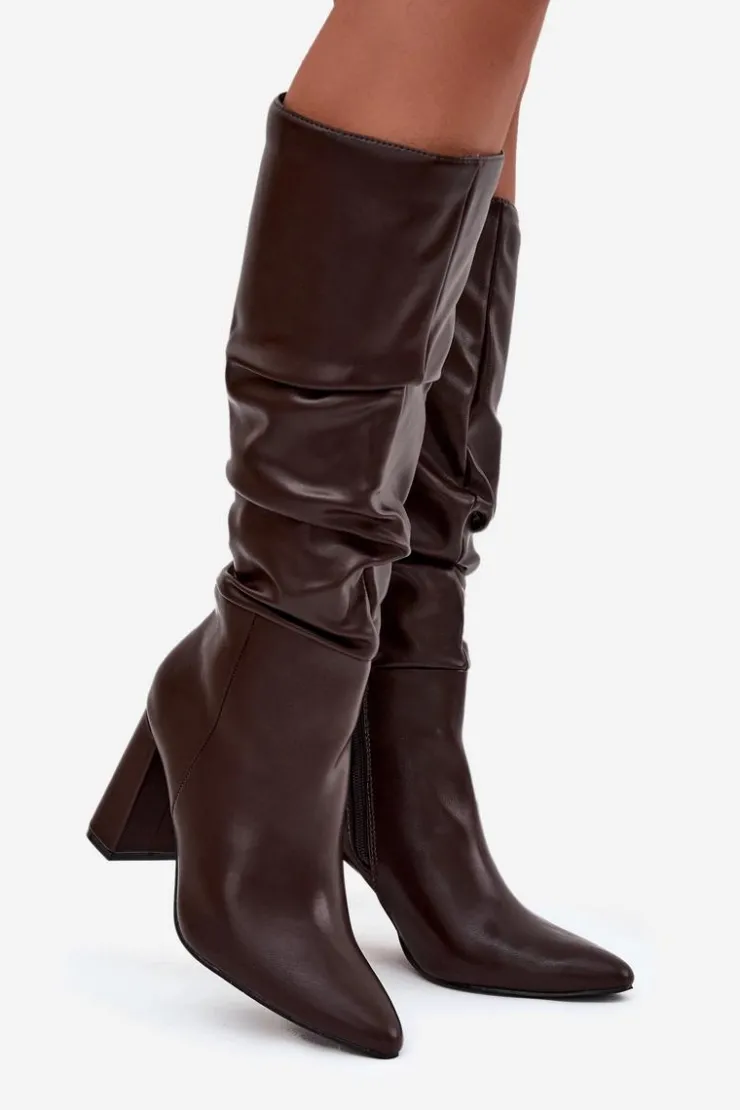 Boto Kozaki Na Słupku|Kozaki Przed Kolano*Ocieplane Kozaki Damskie Na Słupku Z Marszczeniem Czekoladowe Dariane Brązowy