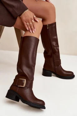 Damskie Boto Ocieplane Kozaki Damskie Na Klocku Z Klamrą Czekoladowe Raphaela