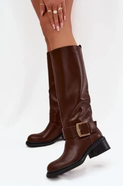 Damskie Boto Ocieplane Kozaki Damskie Na Klocku Z Klamrą Czekoladowe Raphaela