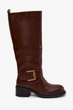 Damskie Boto Ocieplane Kozaki Damskie Na Klocku Z Klamrą Czekoladowe Raphaela