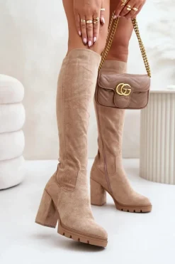 Boto Kozaki Przed Kolano|Kozaki Na Obcasie*Ocieplane Kozaki Damskie Na Słupku Eko Zamszowe Beżowe Tirisha