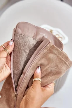 Boto Kozaki Przed Kolano|Kozaki Na Obcasie*Ocieplane Kozaki Damskie Na Słupku Eko Zamszowe Beżowe Tirisha